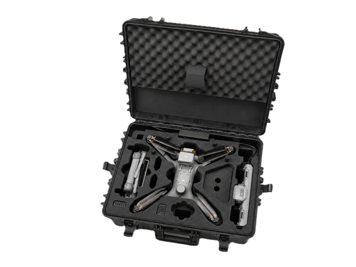 TOMcase Drohnenkoffer für DJI Matrice 4D/4TD, geöffnet in Schrägansicht – Drohne, Fernsteuerung und Akkus im passgenauen Schaumstoff-Inlay.