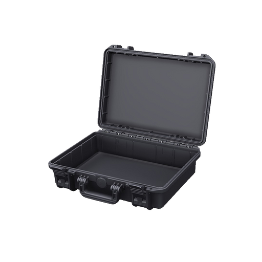 Robuster Transportkoffer in schwarz ohne Inhalt, stoßfest und wasserdicht für sicheren Schutz und Transport. Innenmaße: 38x27x11 cm.
