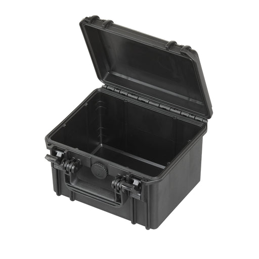 Robuster Transportkoffer in schwarz ohne Inhalt, stoßfest und wasserdicht für sicheren Schutz und Transport. Innenmaße: 23x18x15 cm.