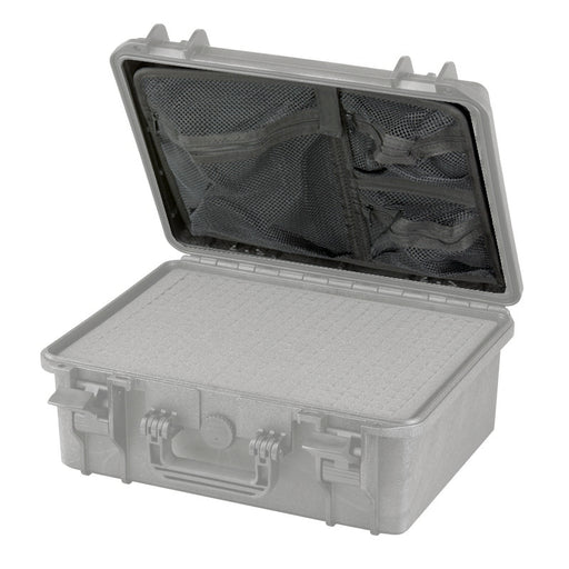 Robuster Transportkoffer in schwarz, mit  Organizertasche im Deckel, stoßfest und wasserdicht für sicheren Schutz und Transport. Innenmaße: 38x27x11 cm.